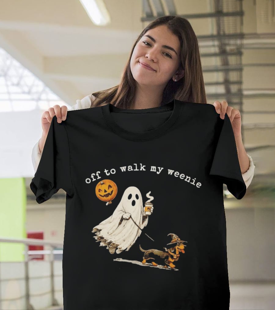Ghost Walking With Pumpkin Balloon And Dachshund Halloween Fun T-Shirt