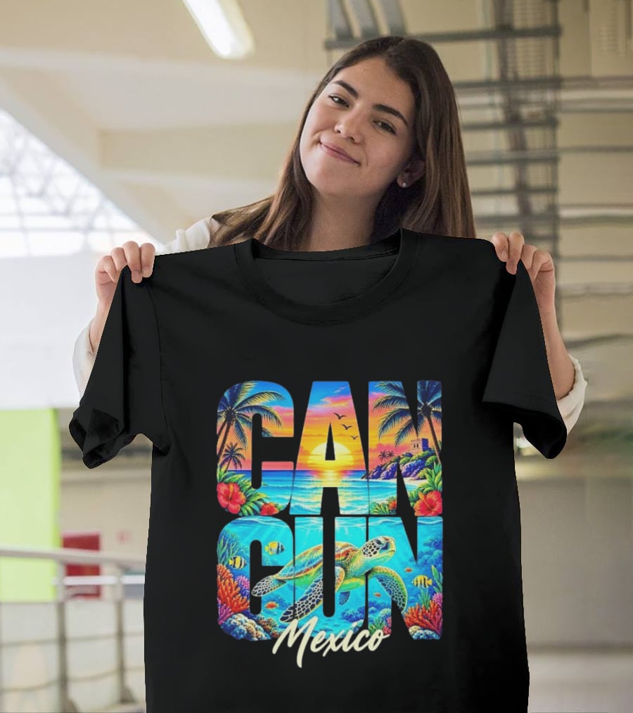 Cancun Mexico Tropical Sea Turtle Sunset Palm Trees Ocean Scene T-Shirt
