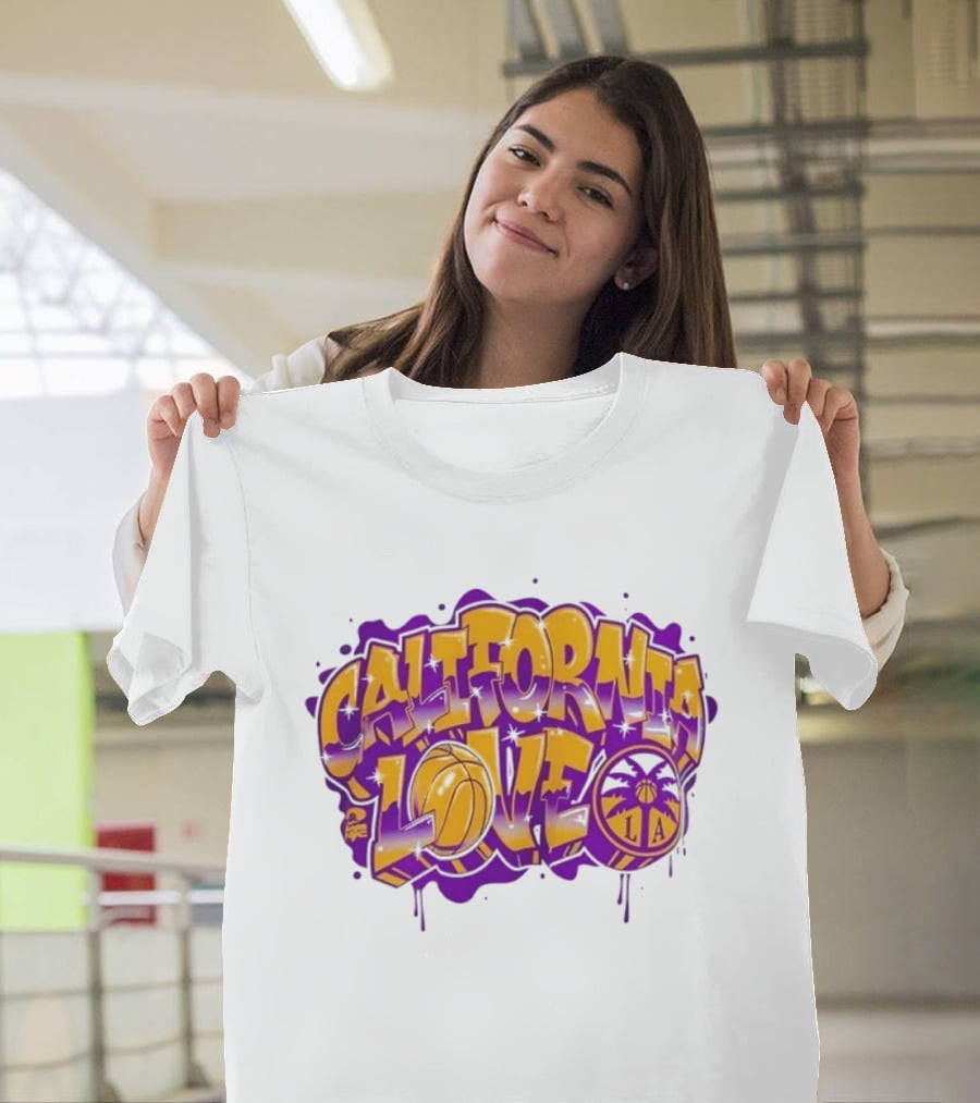 California Love Los Angeles Basketball LA Graffiti Style With Palm Trees And Purple Basketball T-Shirt