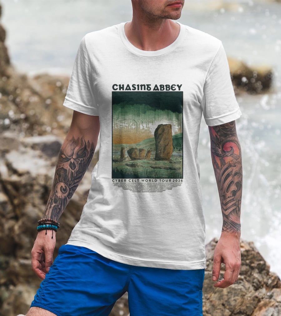 Chasins Abbey Cyber Celt World Tour 2026 Digital Stonehenge Landscape T-Shirt