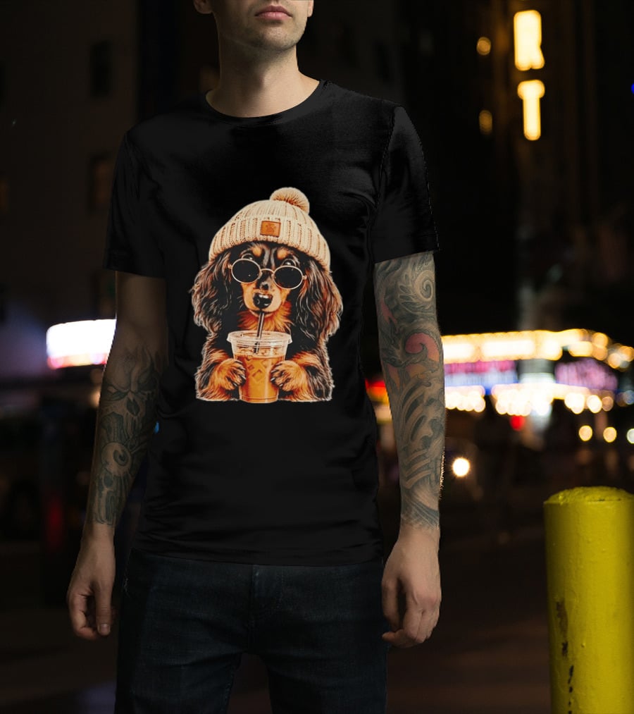 Dachshund Beanie Sunglasses Iced Coffee Trendy Dog Fashion T-Shirt