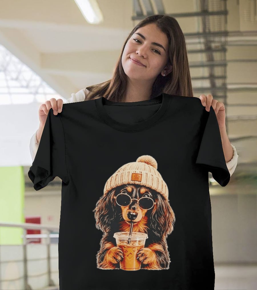 Dachshund Beanie Sunglasses Iced Coffee Trendy Dog Fashion T-Shirt