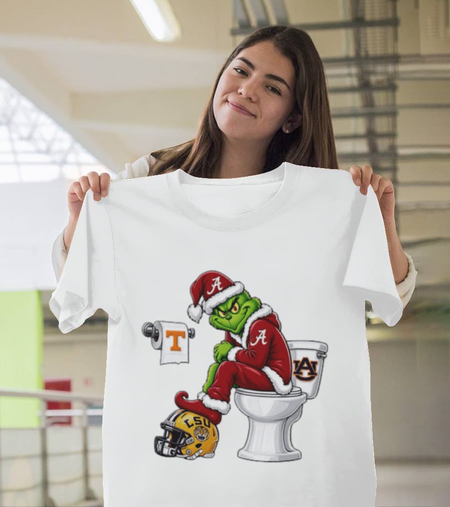 Alabama Crimson Tide Santa Grinch Sitting Auburn Toilet LSU Helmet Christmas T-Shirt