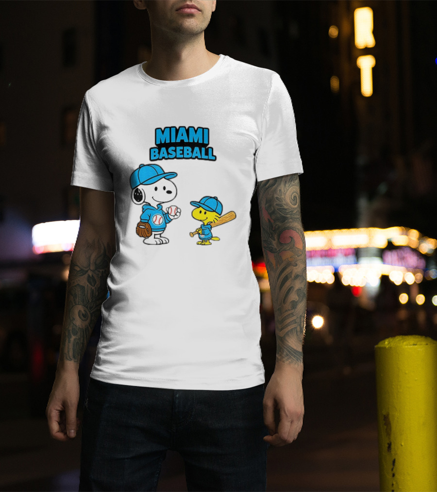Snoopy Woodstock Miami Baseball Peanuts Cartoon MLB T-Shirt