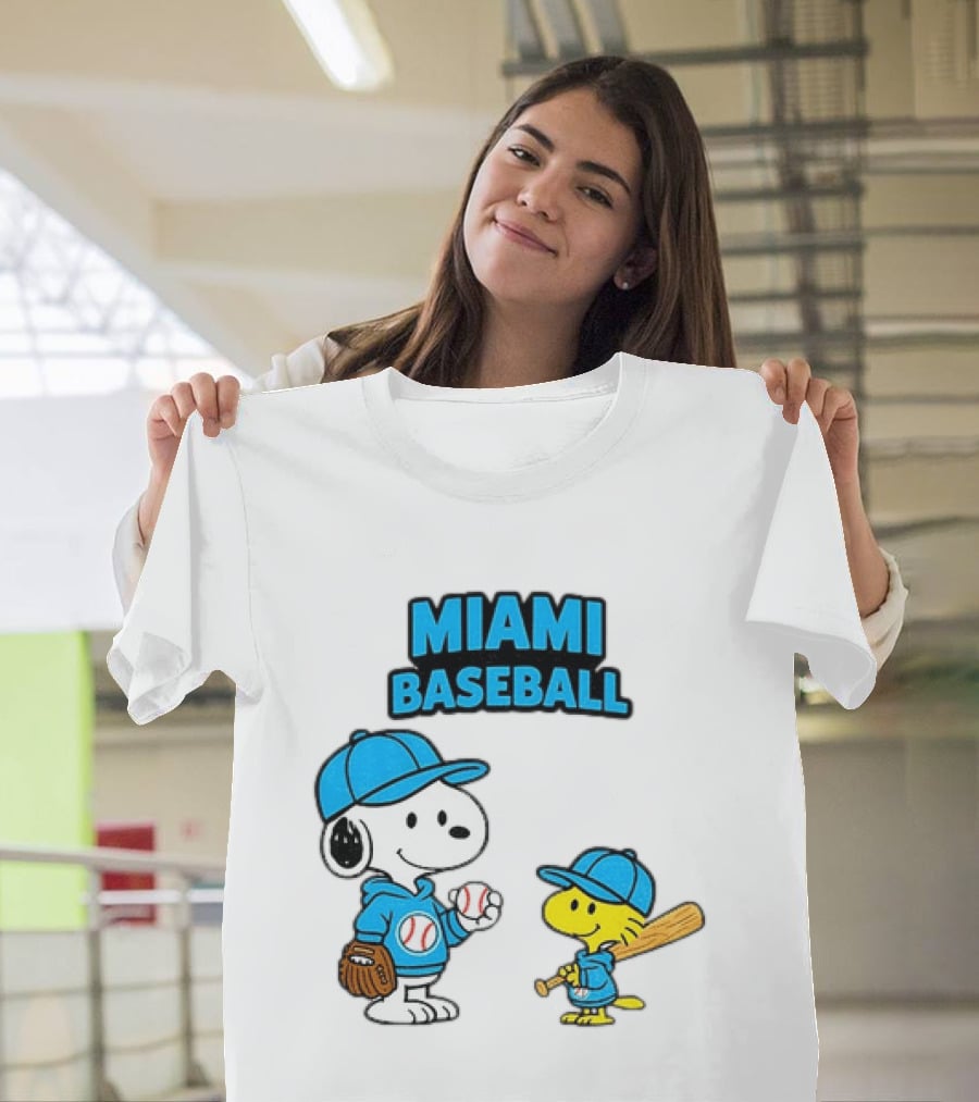 Snoopy Woodstock Miami Baseball Peanuts Cartoon MLB T-Shirt