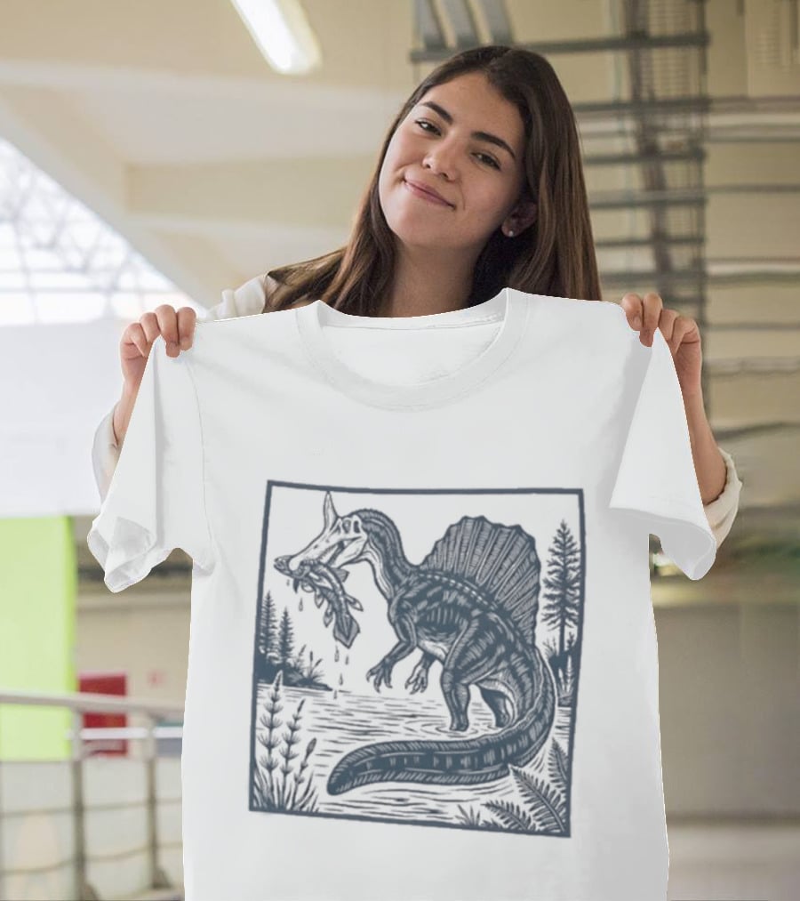 Spinosaurus Catching Fish With Forest T-Shirt