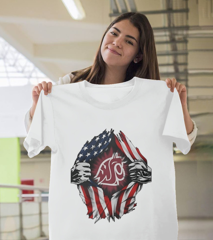 Washington State University Cougars American Flag Ripped Chest T-Shirt