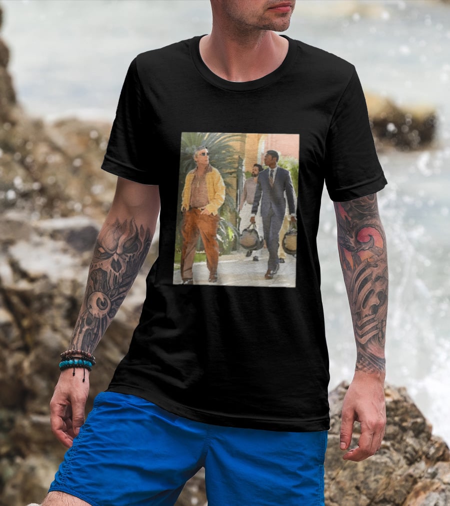 Men In Stylish Outfits Walking Outdoors With Bags T-Shirt
