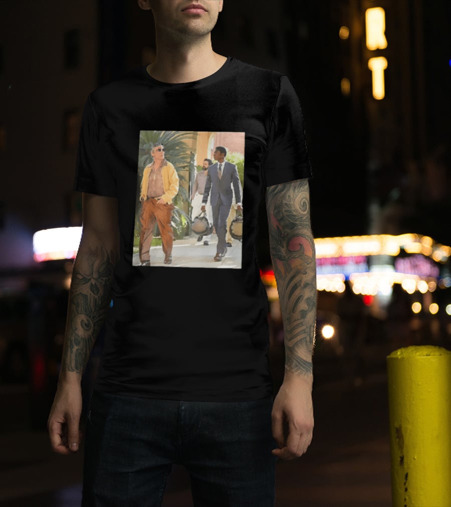 Men In Stylish Outfits Walking Outdoors With Bags T-Shirt
