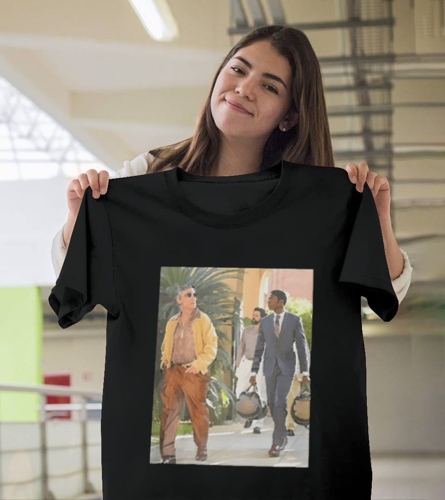 Men In Stylish Outfits Walking Outdoors With Bags T-Shirt