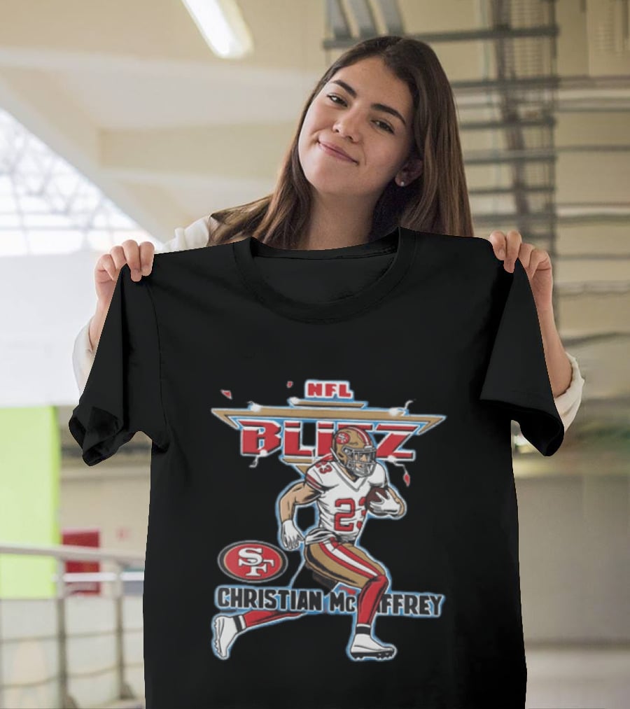 NFL Blitz 23 Christian McCaffrey San Francisco 49ers Football Player Running With Ball T-Shirt