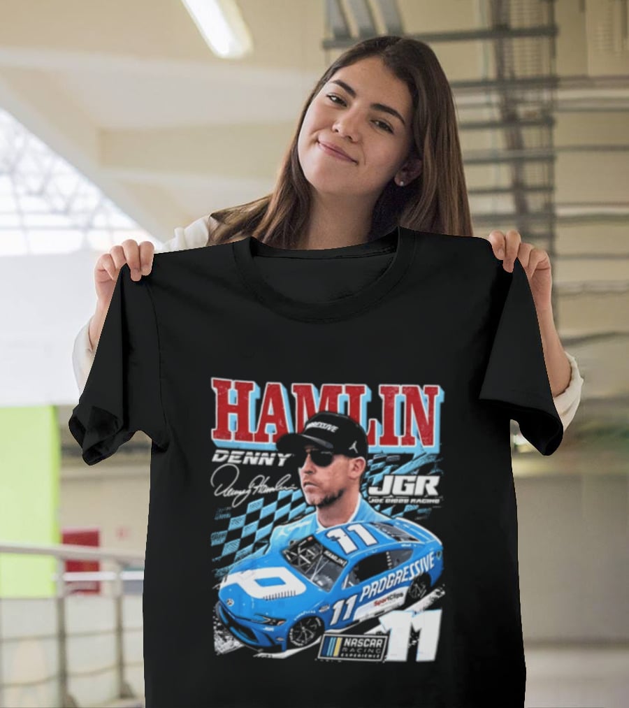 Denny Hamlin Joe Gibbs Racing NASCAR Progressive 11 Racer With Signature And Sunglasses T-Shirt