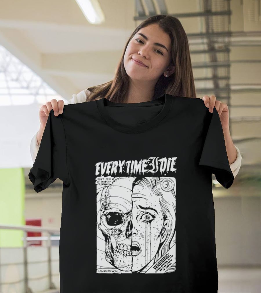 Every Time I Die Weird Tales Horror Warning Skull Face Half Human T-Shirt