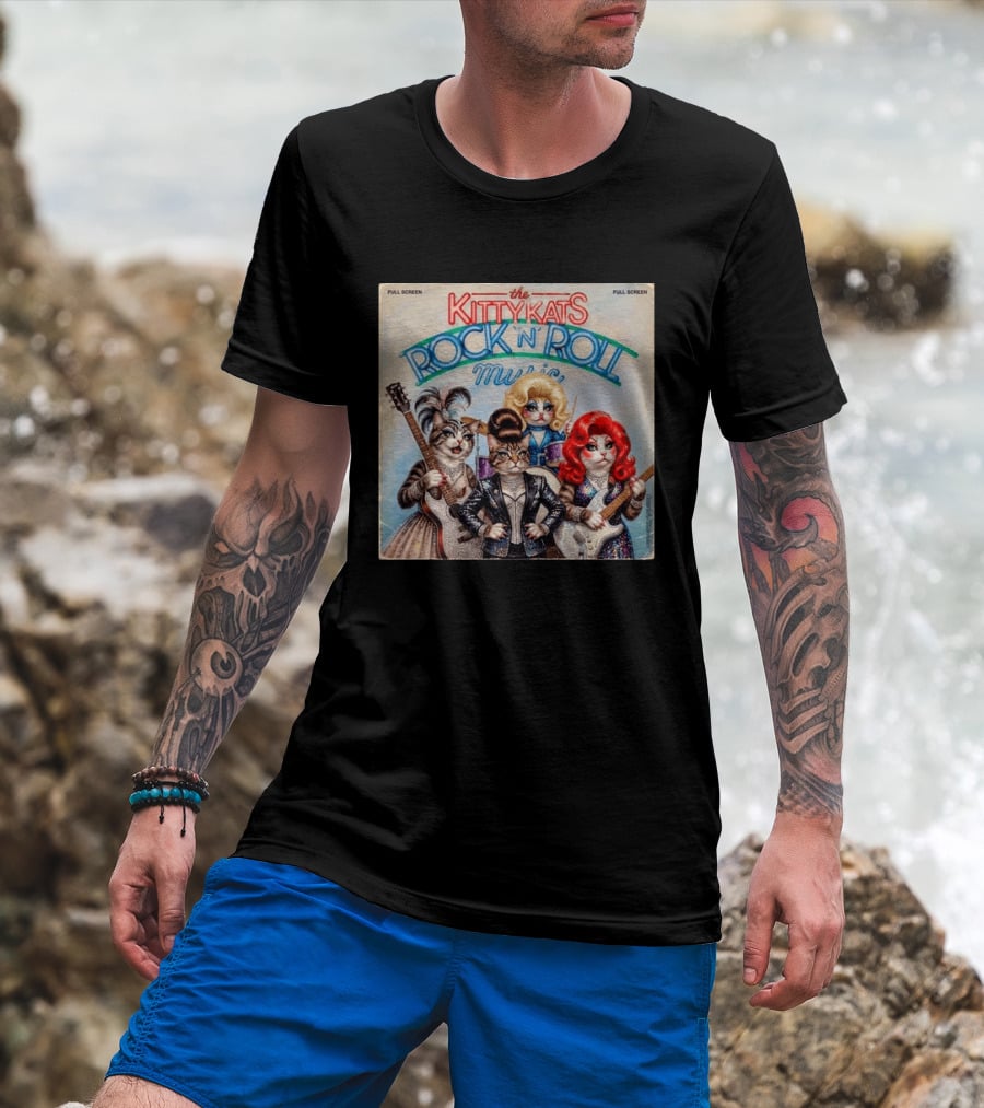 The Kitty Kats Rock 'N' Roll Music Full Screen Vintage Cats With Guitars T-Shirt