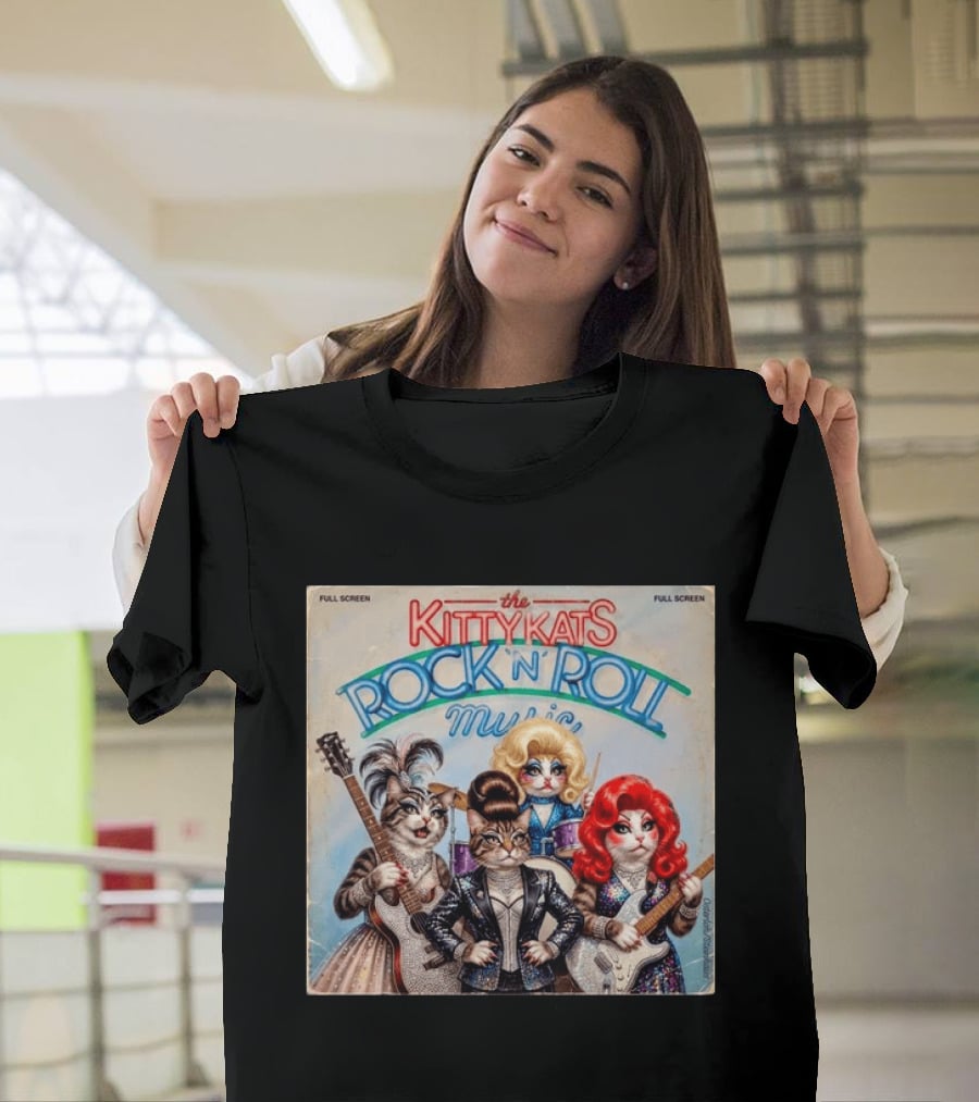 The Kitty Kats Rock 'N' Roll Music Full Screen Vintage Cats With Guitars T-Shirt