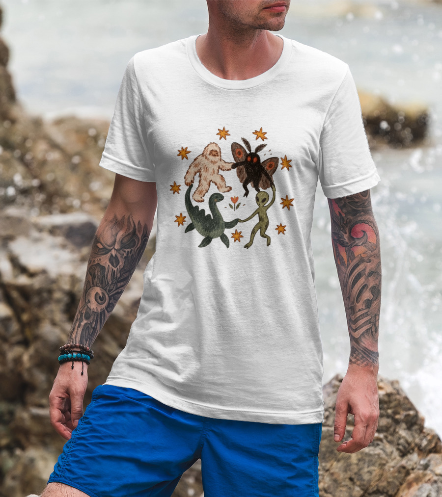 Bigfoot Mothman Loch Ness Monster Alien Dancing Cryptids With Stars T-Shirt