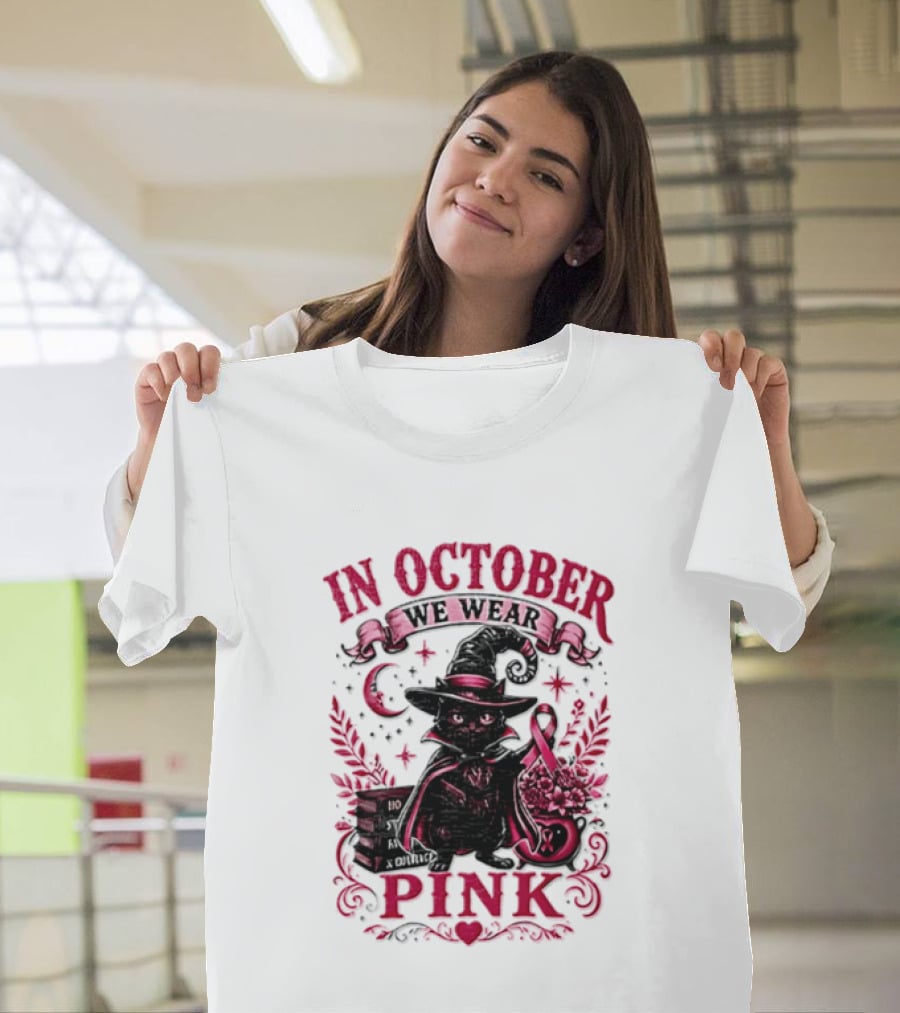 In October We Wear Pink Black Cat Witch Breast Cancer Awareness Month T-Shirt