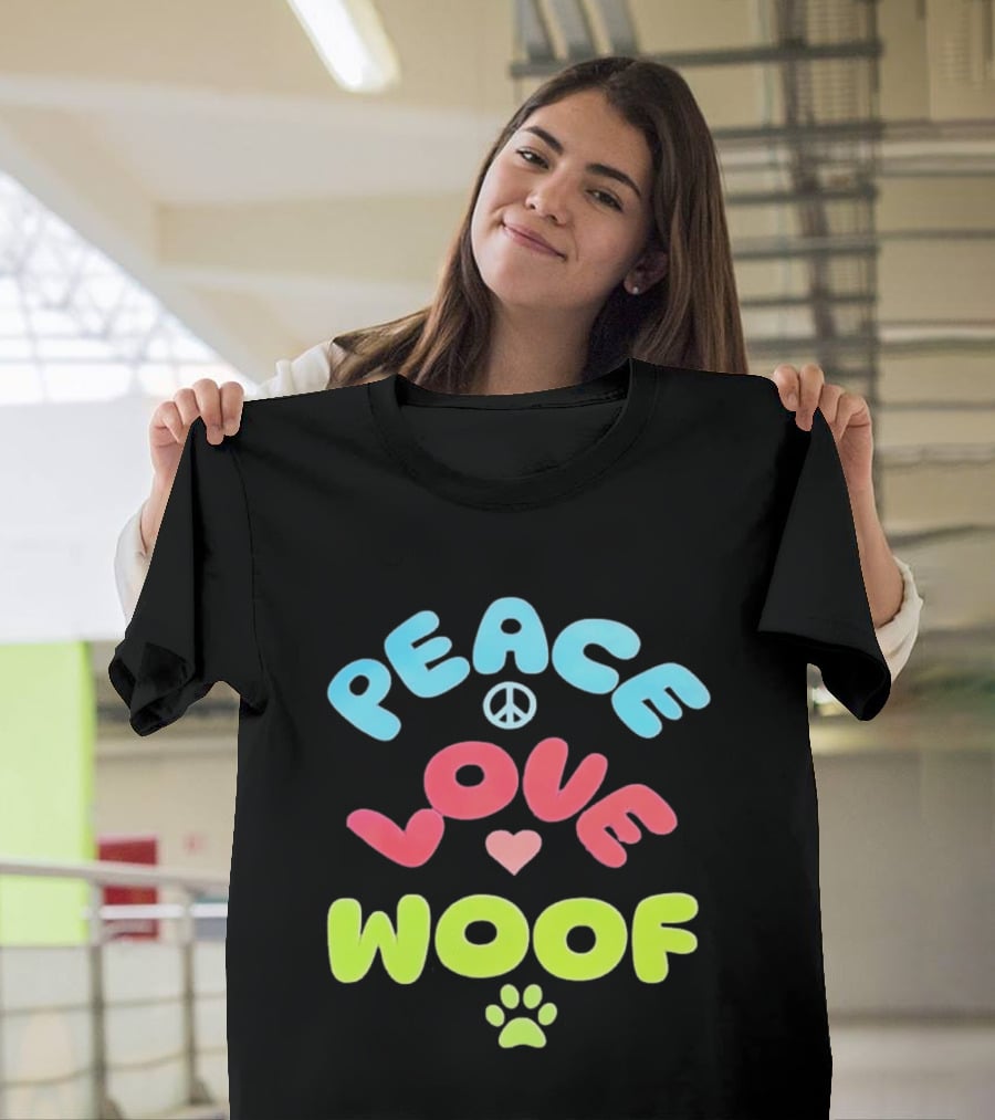 Peace Love Woof Paw Dog Lover Peace Sign Heart T-Shirt