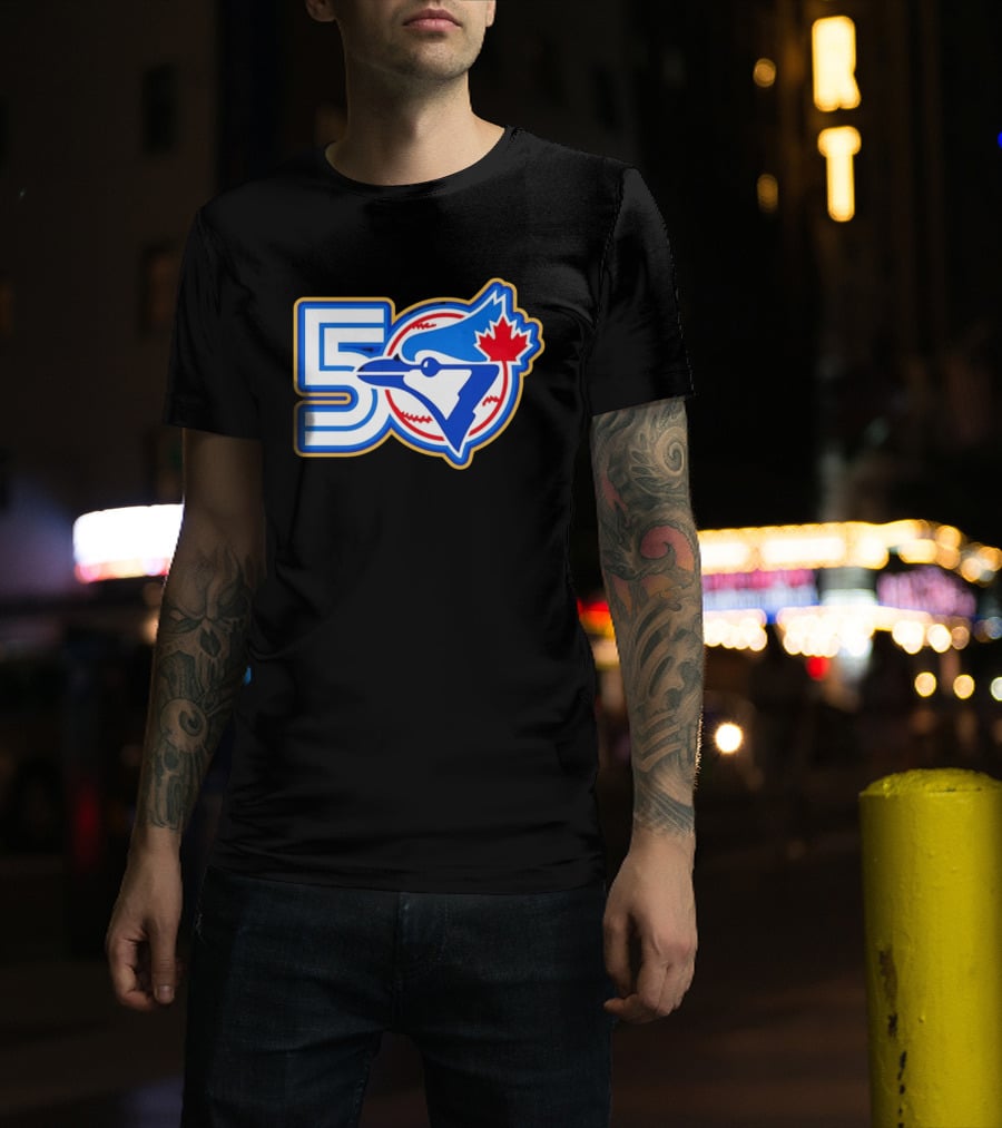 Toronto Blue Jays 50th Anniversary Logo With Maple Leaf And Baseball T-Shirt
