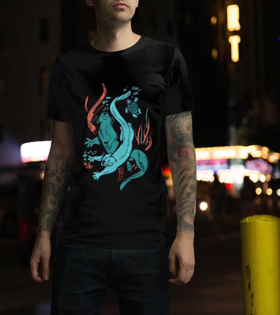 Two Otters Swimming Underwater With Turtle And Seaweed T-Shirt