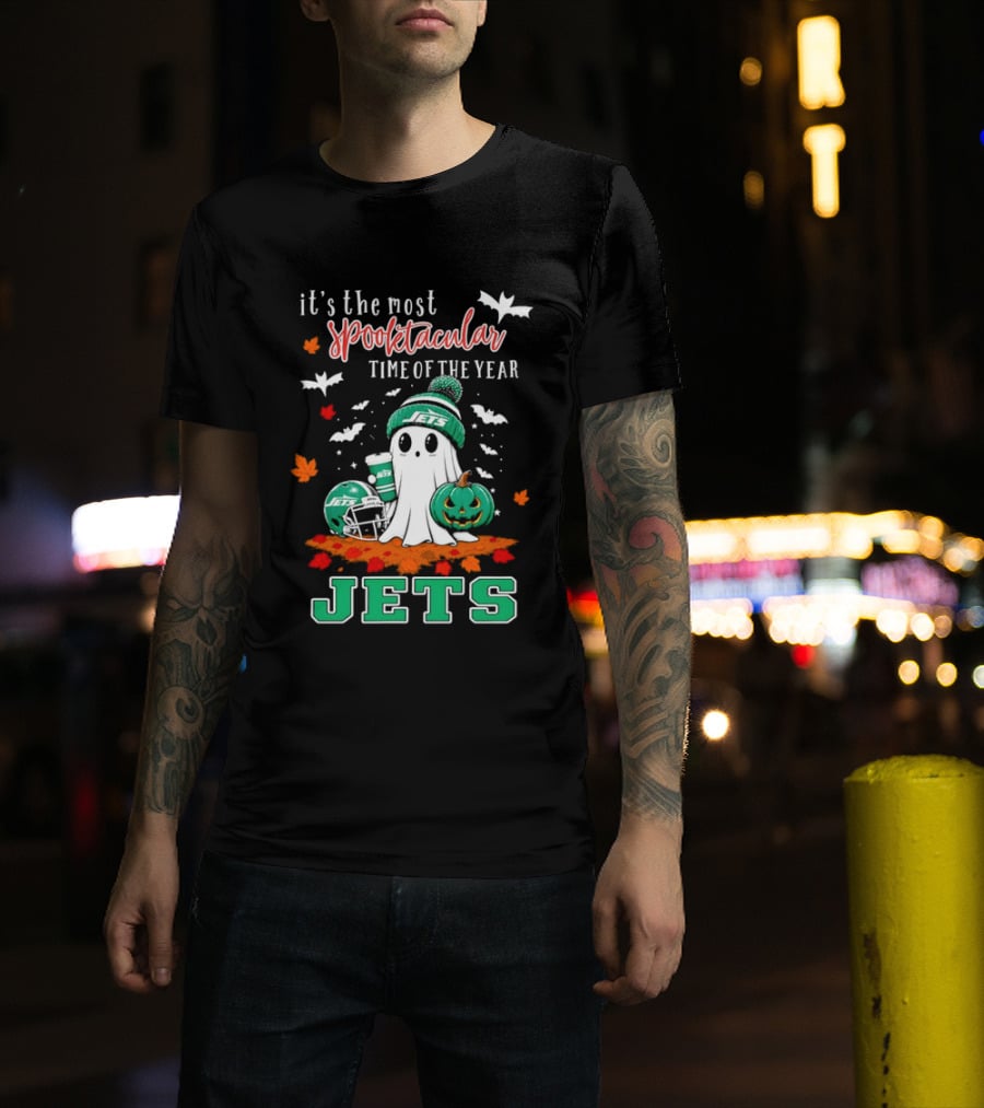 New York Jets Halloween Spooktacular Time Of The Year Football Ghost And Pumpkin T-Shirt