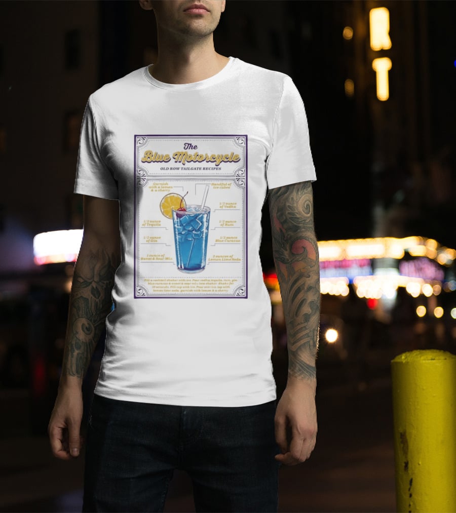 The Blue Motorcycle Old Row Tailgate Cocktail Recipe Guide With Vodka Rum Tequila Gin Blue Curacao Lemon Lime Soda T-Shirt