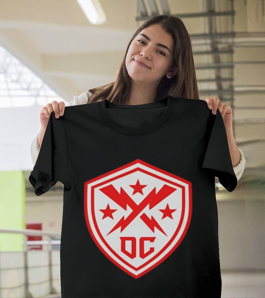 DC Shield Lightning Bolts Stars Emblem Red White T-Shirt