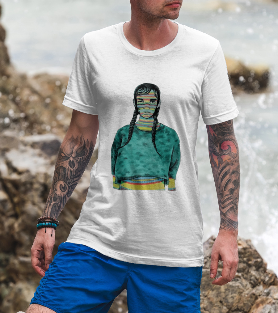 Girl With Braids Colorful Striped Face And Green Sweater T-Shirt