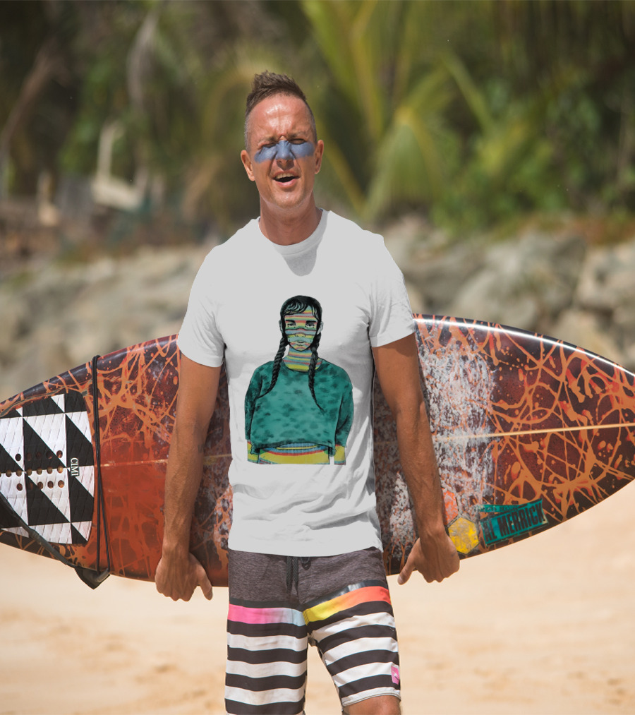 Girl With Braids Colorful Striped Face And Green Sweater T-Shirt