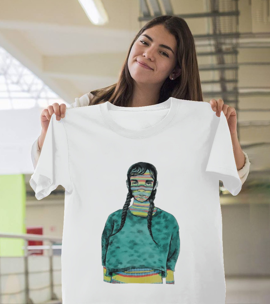 Girl With Braids Colorful Striped Face And Green Sweater T-Shirt
