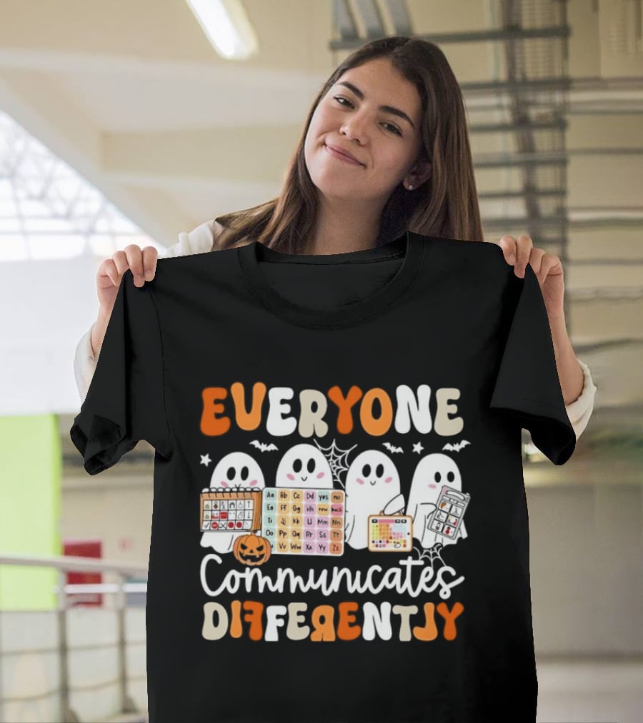 Everyone Communicates Differently Halloween Ghosts AAC Awareness T-Shirt