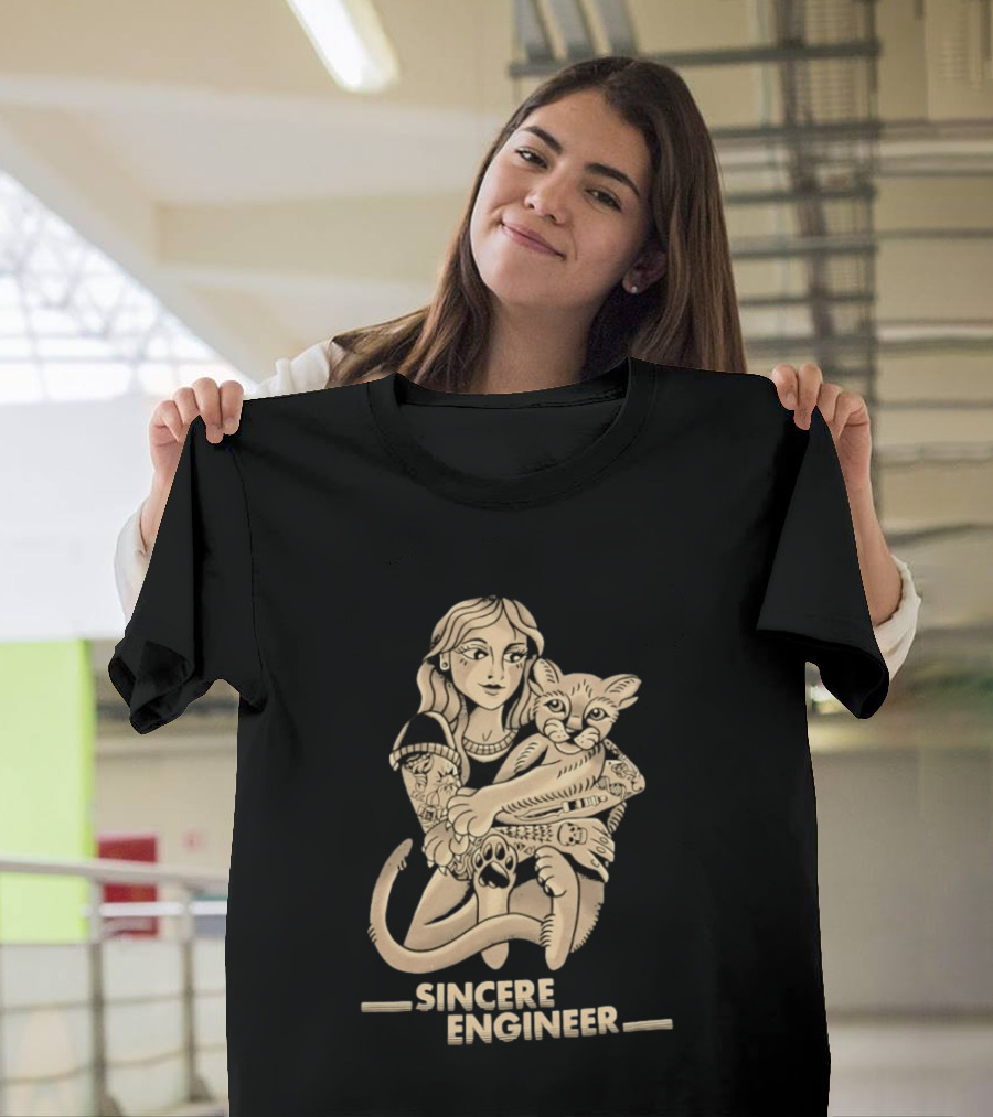 Tattooed Woman Hugging Cat Sincere Engineer T-Shirt