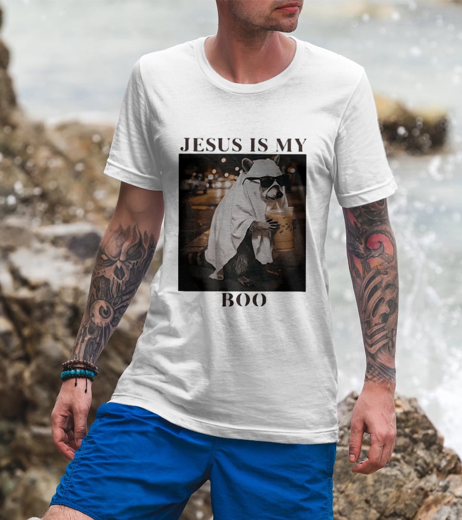 Jesus Is My Boo Raccoon With Iced Coffee And Sunglasses T-Shirt
