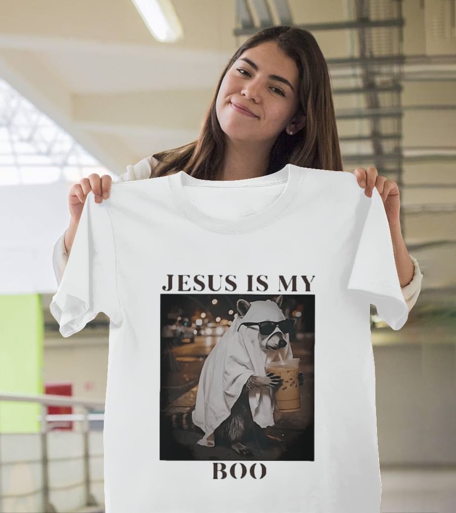 Jesus Is My Boo Raccoon With Iced Coffee And Sunglasses T-Shirt