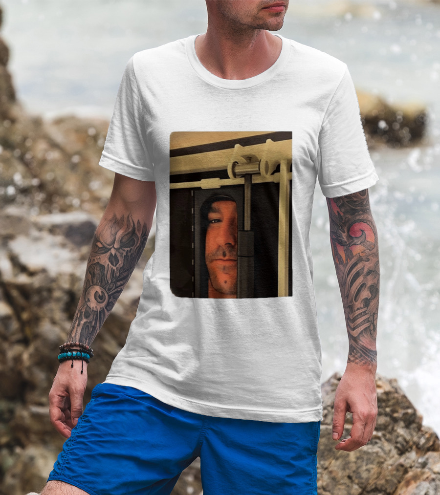 Man Peeking Through Door Face Hidden Observation Doorway T-Shirt