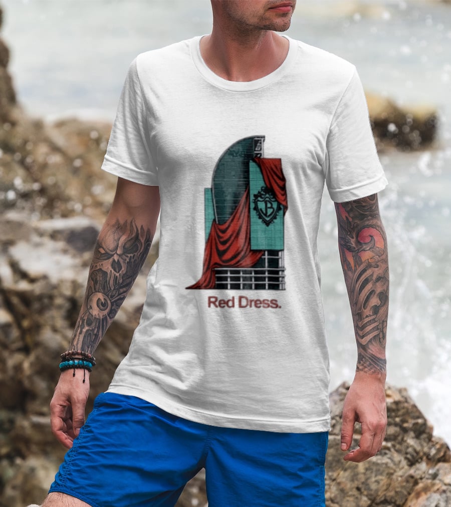Red Dress Red Drapes Over Modern Skyscraper With Shield T-Shirt