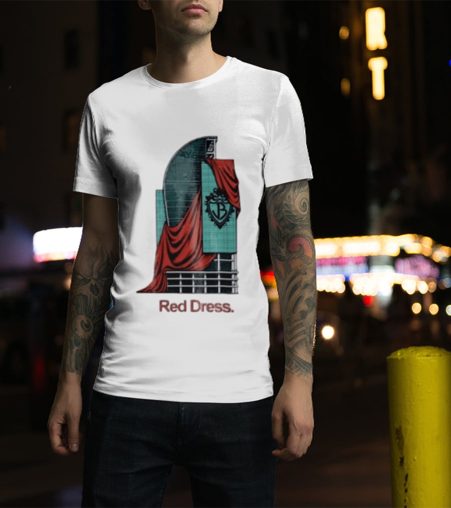 Red Dress Red Drapes Over Modern Skyscraper With Shield T-Shirt