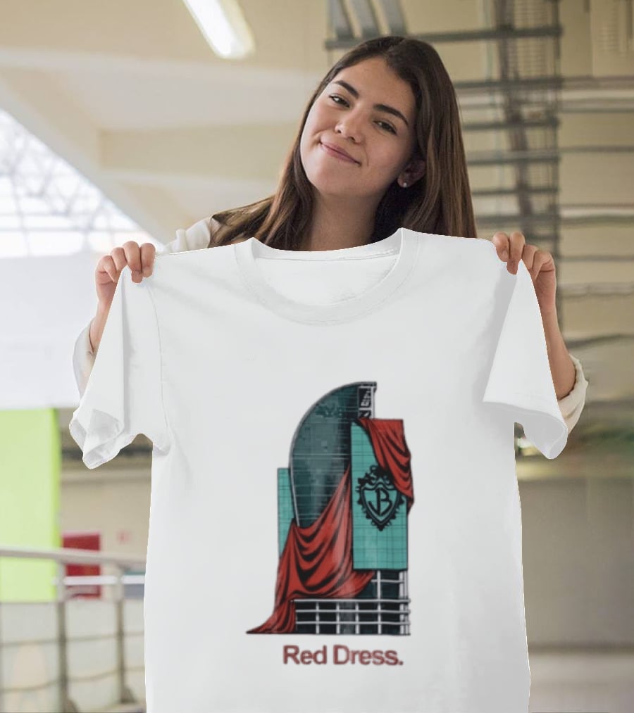 Red Dress Red Drapes Over Modern Skyscraper With Shield T-Shirt