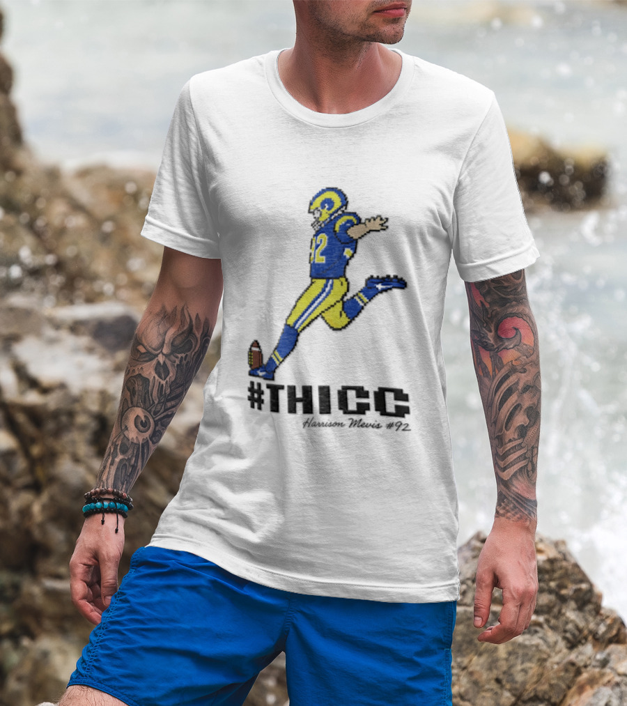 #THICC Harrison Mevis 92 Pixel Football Player In Blue And Yellow Uniform T-Shirt
