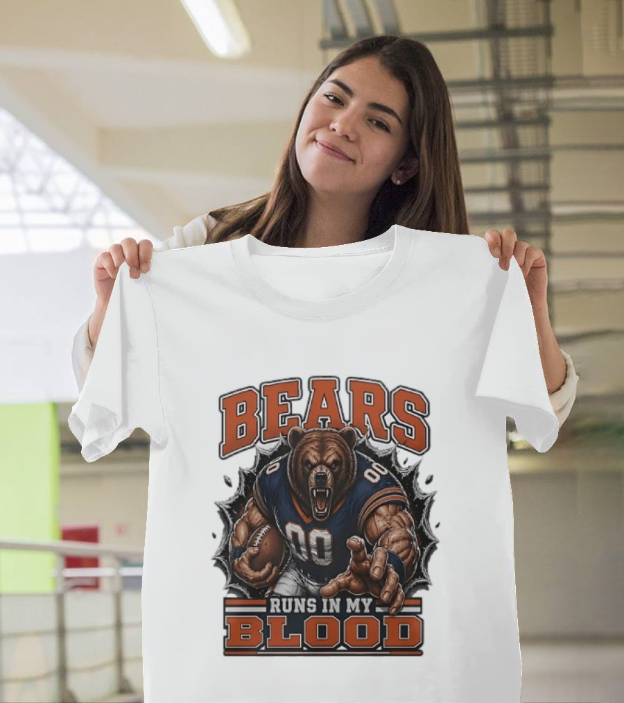 Bears Runs In My Blood Football Fierce Bear Holding Ball T-Shirt