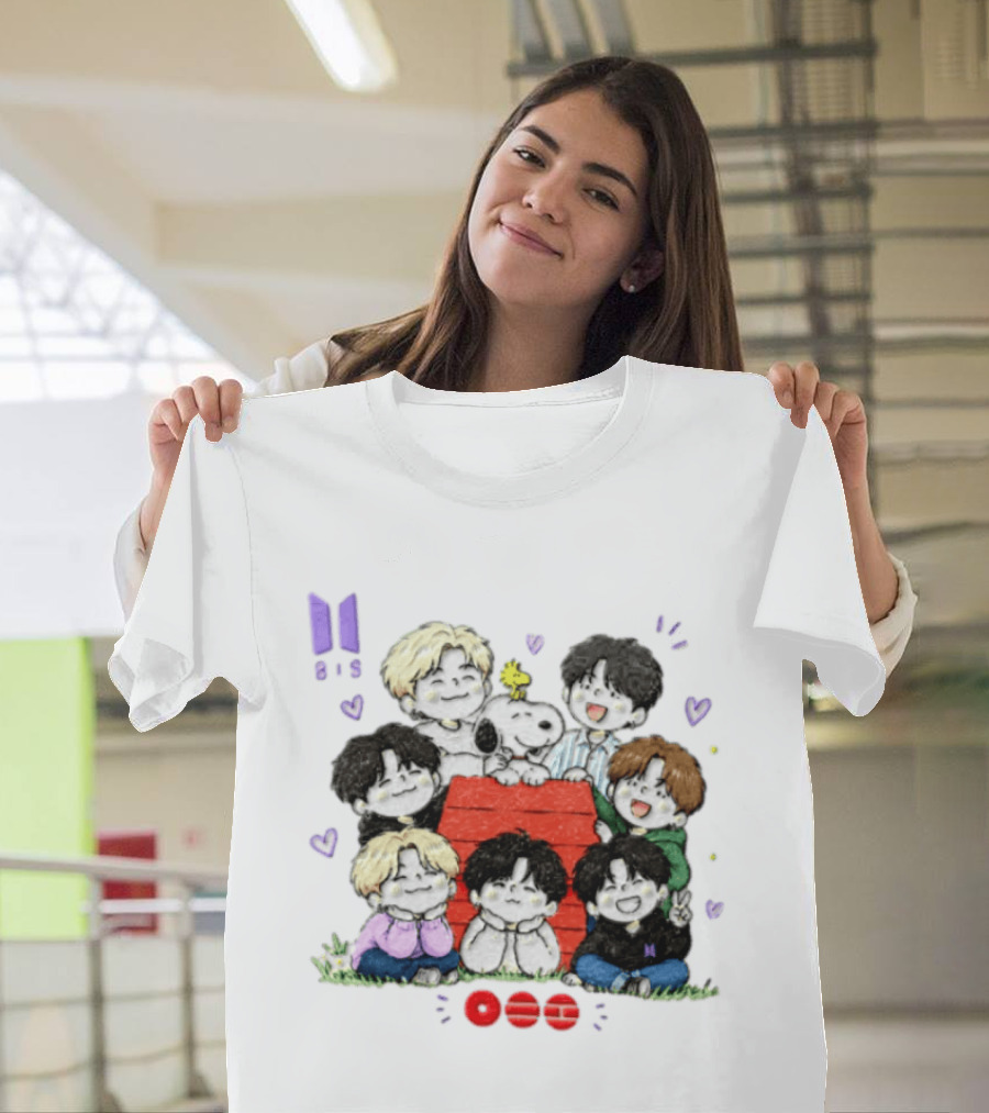 Snoopy Woodstock Peanuts BTS Members Cartoon Illustration Collaboration T-Shirt