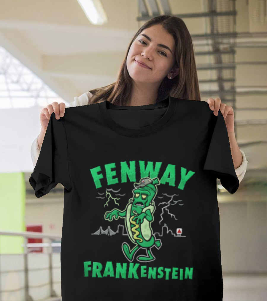 Fenway Frankenstein Halloween Zombie Monster With Lightning And Spooky Skyline T-Shirt