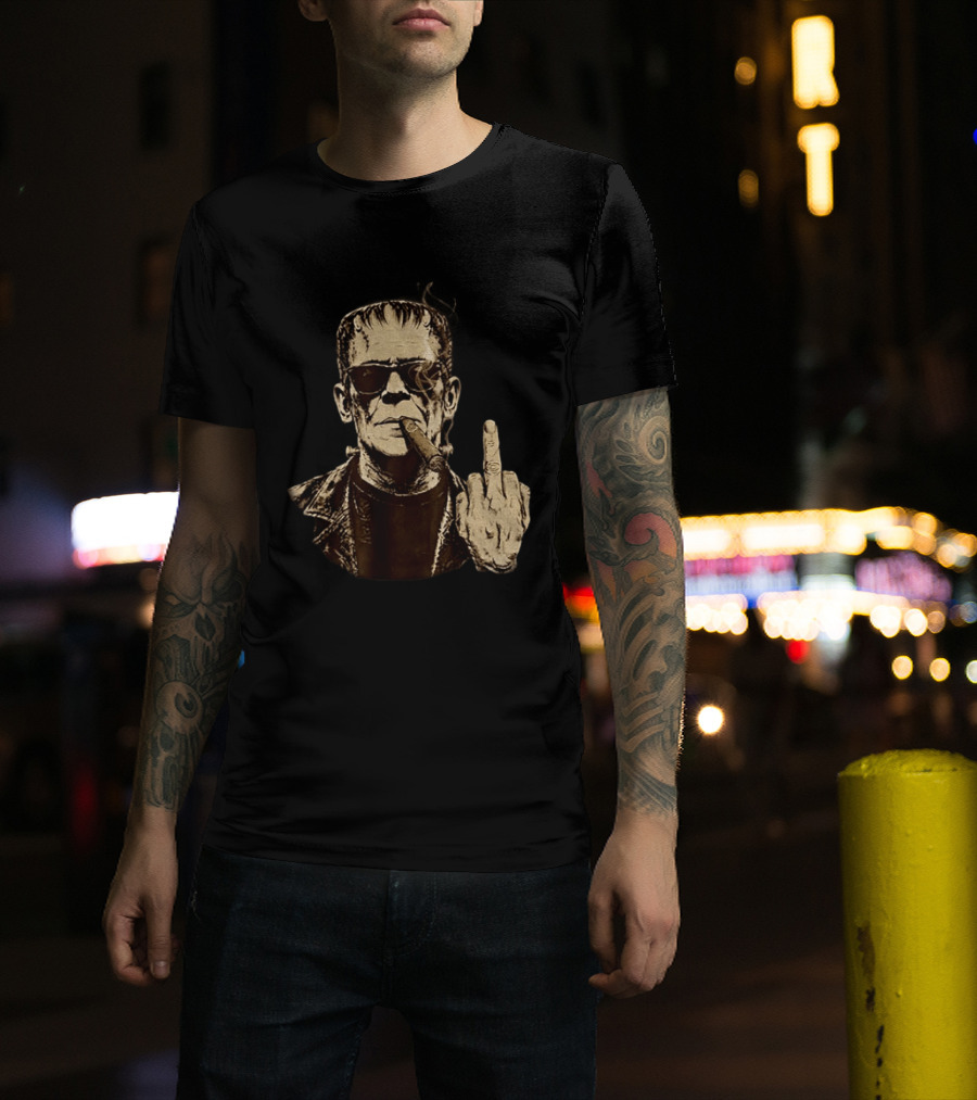 Frankenstein Cigar Middle Finger Smoking Horror Halloween T-Shirt