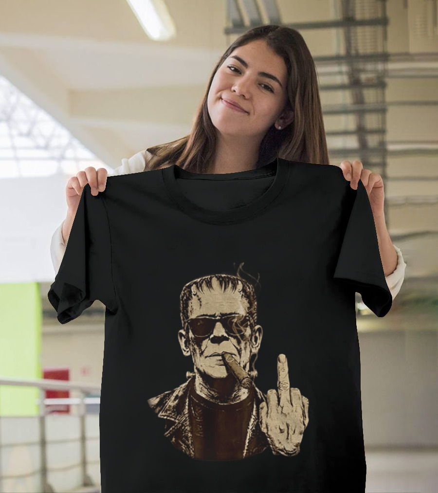 Frankenstein Cigar Middle Finger Smoking Horror Halloween T-Shirt