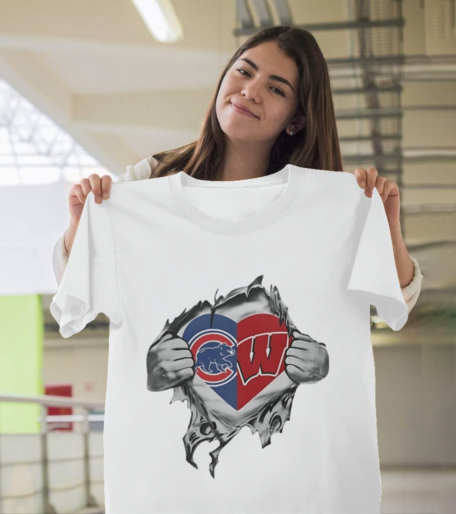 Chicago Cubs And Wisconsin Badgers Heart Rip T-Shirt