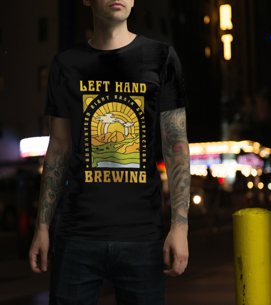 Left Hand Brewing Guaranteed Right Brain Satisfaction Sunburst River Landscape T-Shirt