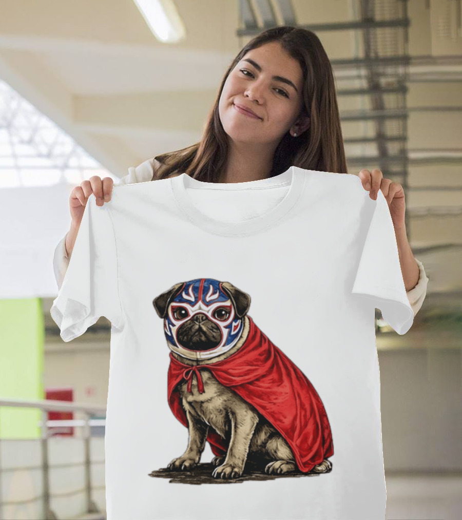 Lucha Libre Pug Red Cape Mexican Wrestling Dog Mask T-Shirt