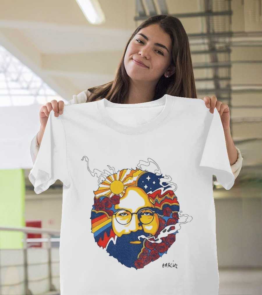 Psychedelic Jerry Garcia Face Sun Waves Stars Roses T-Shirt