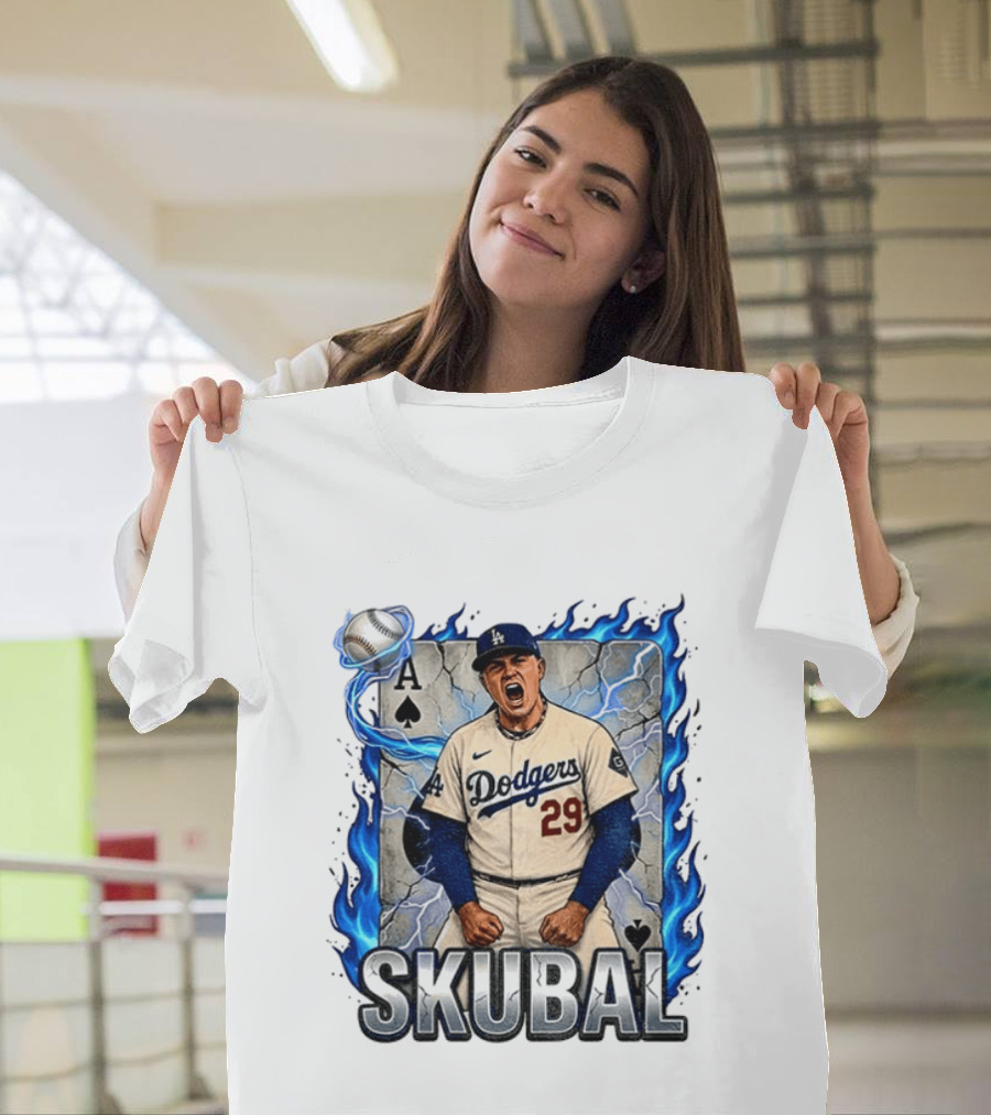 Skubal 29 Dodgers Ace Pitcher Playing Card Flames And Spade T-Shirt