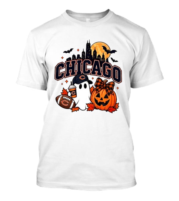Chicago Bears Halloween Ghost Pumpkin Football Skyline Moon T-Shirt